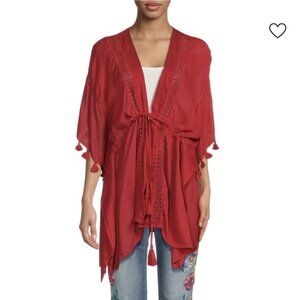 Red Lace Trim Kimono Sleeve Caftan Vince Camuto Boho Beach Vacation One Size